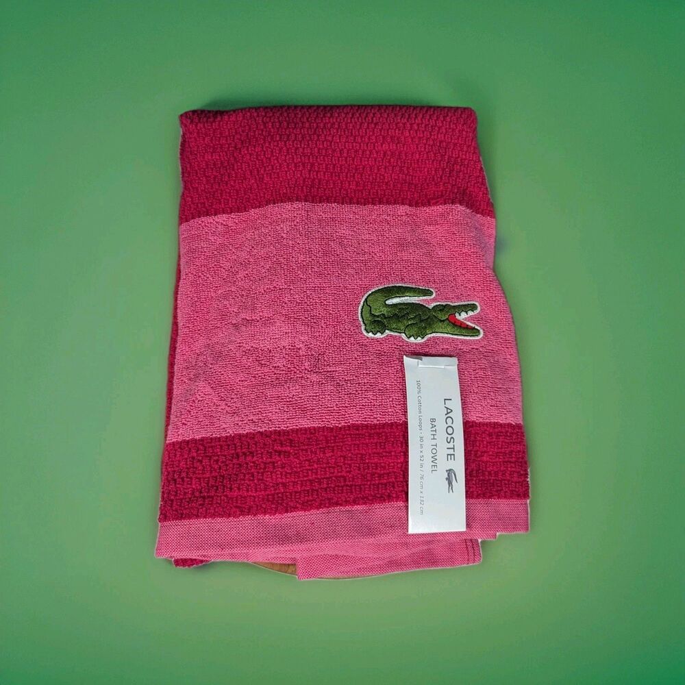 New Lacoste Pink Red Green bath towel 30in x 52in big crocodile logo